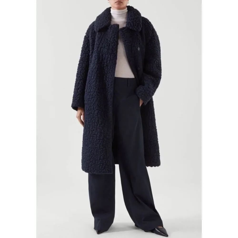 COS Wool Teddy Fleece Coat Navy Cocoon Oversized US 14 Large Open Front